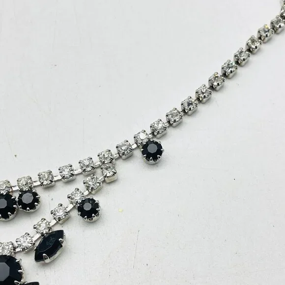 Vintage Black Rhinestone Necklace Silver Tone Choker Evening Jewelry - Picture 4 of 9